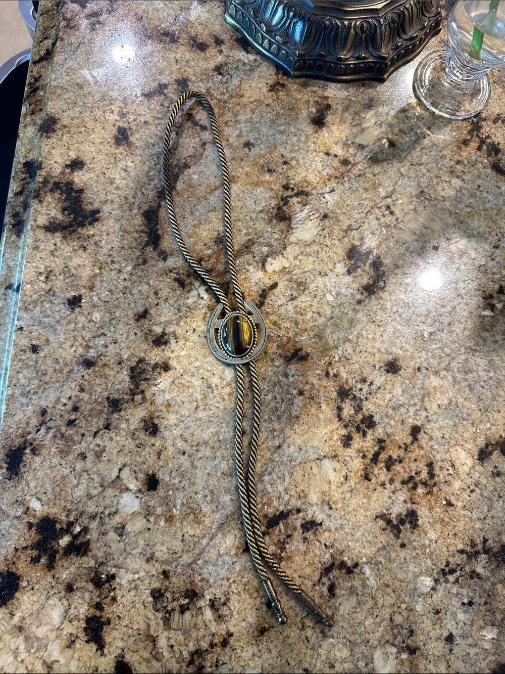 Source Unknown Gold and Brown Western Bolo Tie with Stone Accent